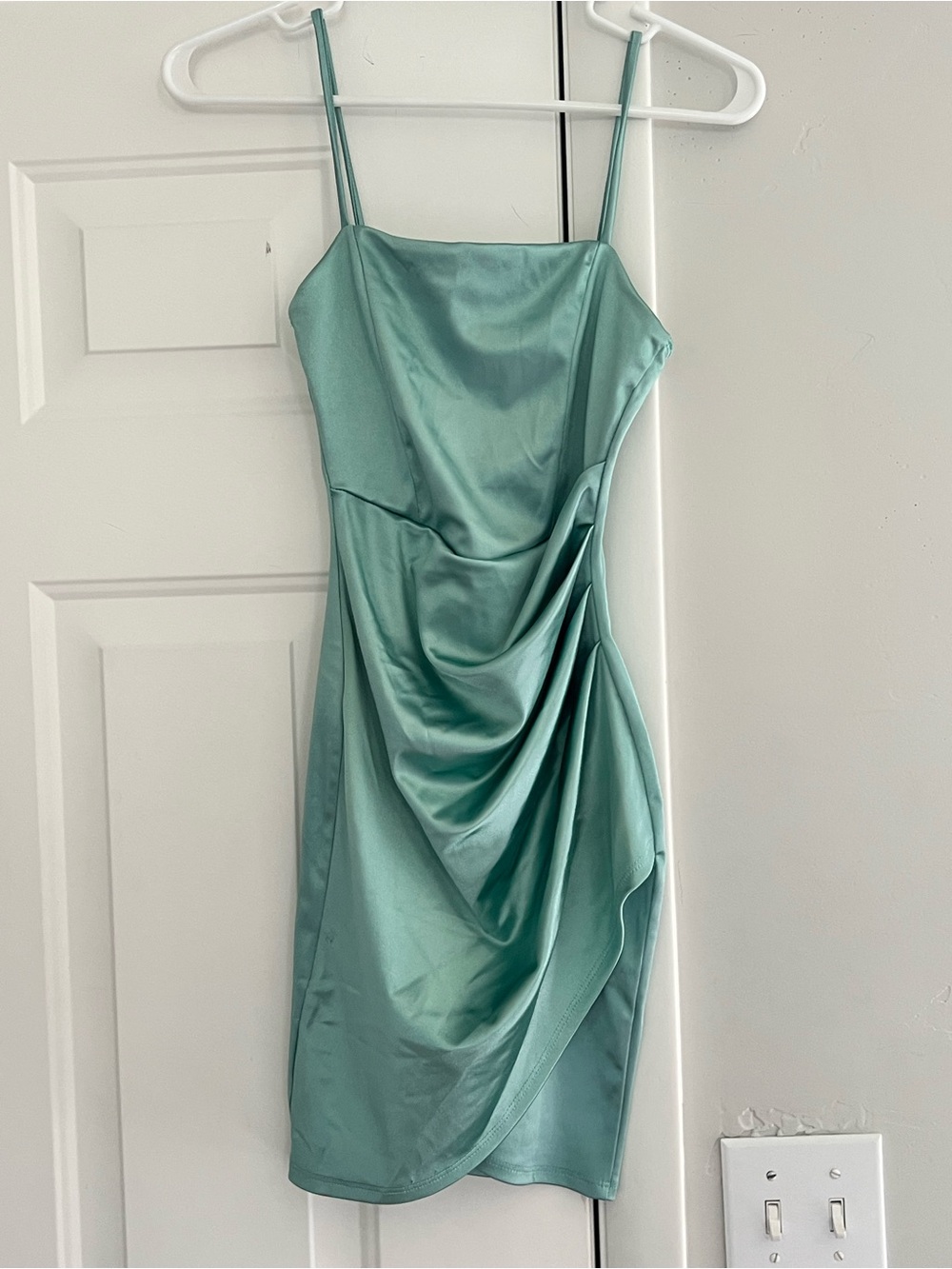 Windsor Satin Draped Mini Dress in Seafoam